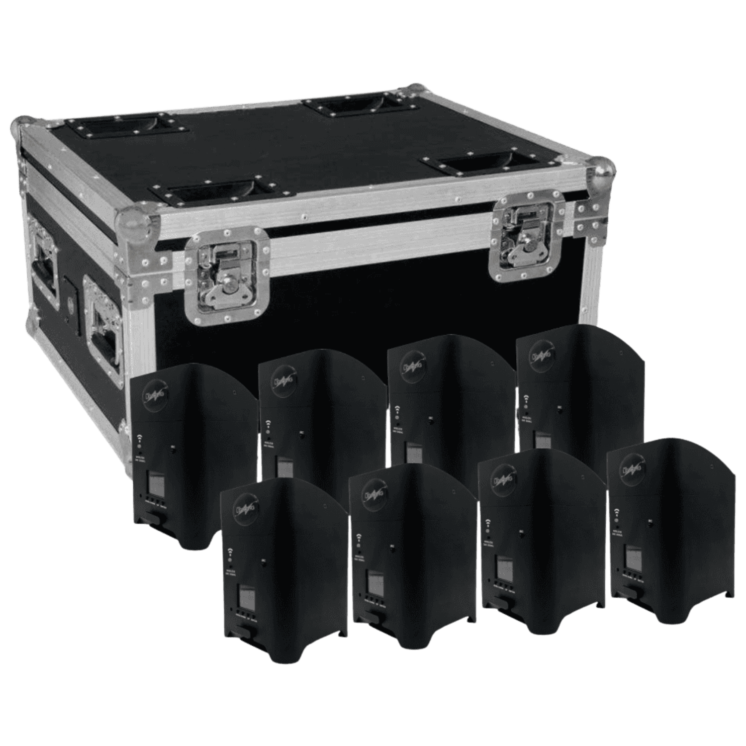 Baule FlightCase con 8pz Faretti NERI Smart Battery LED RGBWA-UV WiFi a Batteria e Telecomando Wireless 1